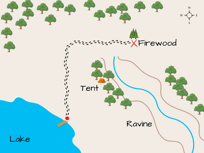 map-firewood-tent-ravine-lake
